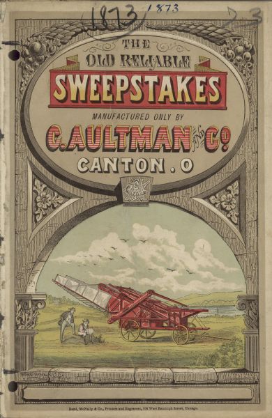 Chromolithograph featuring a view through a stone arch of two men in a field with a Sweepstakes threshing machine.