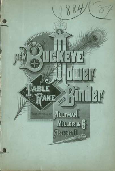 Catalog cover for Buckeye Mower and Binder. Features a 12-point buck in the "B" of Buckeye, and decorative typefaces over framing ornaments, including a feather. The paper is blue.