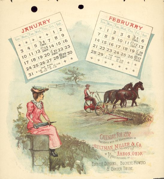 First page of calendar for January and February, 1892. Features an illustration of a woman sitting on a stone wall watching a man using a Buckeye mower in a field drawn by a team of horses.