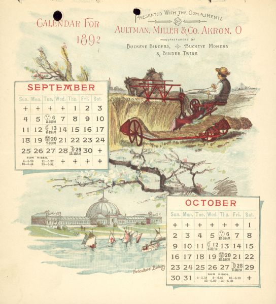 Aultman, Miller & Co. Calendar Page 5 Book or Pamphlet Wisconsin
