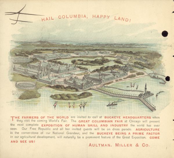 Back cover of calendar, with the text: "Hail Columbia, Happy Land!" Features a bird's-eye illustration of the 1893 World's Columbian Exposition (World's Fair) in Chicago.