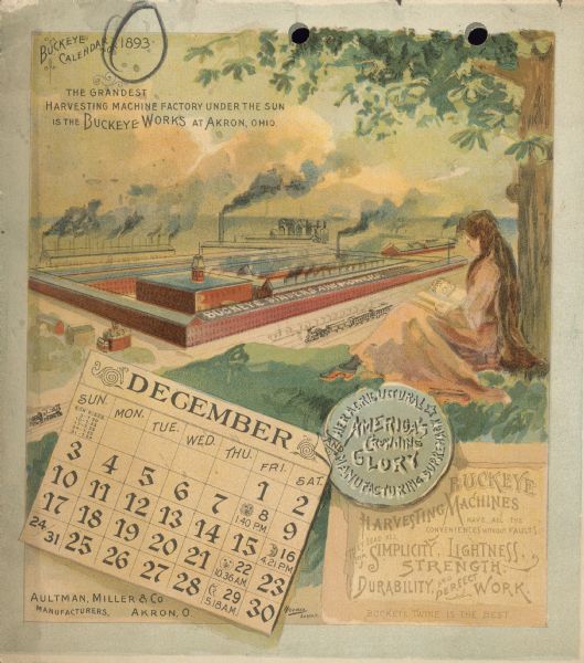 Calendar back, with the month of December. Features an illustration of the Buckeye Binders and Mowers Factory buildings. In the foreground on the right a young woman with long hair is sitting at the base of a tree reading a Buckeye catalog.