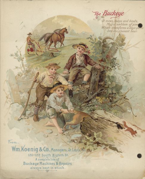 Back cover of an advertising brochure for Buckeye harvesting machines manufactured by Aultman, Miller & Company. Features an illustration of three boys by a fence at the edge of a field. One boy is holding the tail of a dog halfway in a hollow log laying in the grass. A squirrel has just emerged from a hole in the log and is running away to the right. In the far background a man is driving a team of horses pulling a Buckeye mower in a field. At the top it reads: "The Buckeye. It mows, reaps, binds / Magic emblem of power / Which transforms a days pains / Into one pleasant hour."