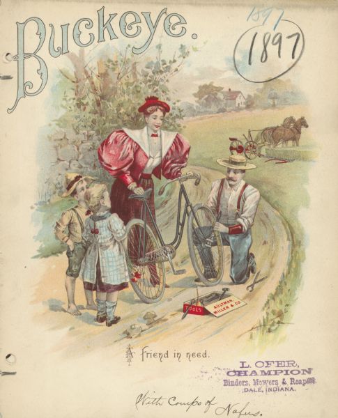 Catalog cover featuring an illustration of a man fixing a bicycle while a woman and two children look on. The woman's outfit sports "leg o' mutton" (or gigot) sleeves. The man is using a wrench, and beside him is a box of tools with the words: "Aultman, Miller & Co." written on the side. In the background is a Buckeye mower in a field pulled by a team of horses. Caption at bottom reads: "A friend in need."