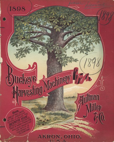 Buckeye catalog cover for harvesting machinery featuring an illustration of a buckeye tree with nuts in the grass below. Text on bottom left reads: "Ohio, one of the states of the American Union, is called the Buckeye State, after a nut-bearing tree of hardy character and wide branching top, which is indigenous to its territory."