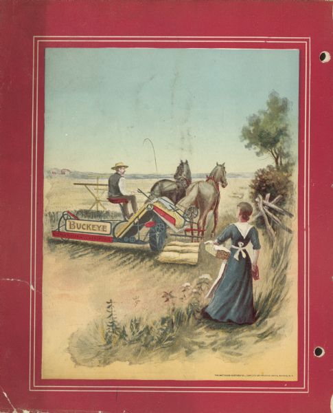 Back cover with a color illustration of a man using a Buckeye binder in a field drawn by a team of two horses. On the left a woman wearing a dress and apron is standing near a fence with a basket on one arm, and a jug in her other hand.