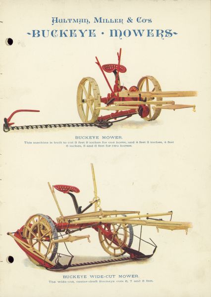 Advertisement for Aultman, Miller & Co's Buckeye Mowers. Features on top the Buckeye Mower, and on the bottom the Buckeye Wide-Cut Mower.