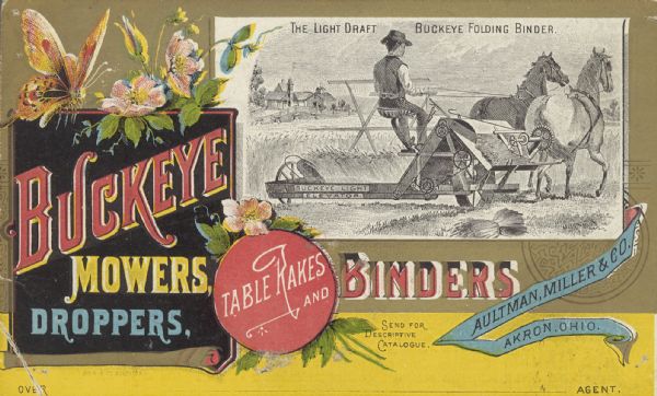 Postcard for Buckeye Mowers, Droppers, Table Rakes and Binders. Color illustrations of butterflies and flowers over a gold and yellow background surround a black and white illustration of a man on a Light Draft Buckeye Folding Binder drawn by a team of horses.