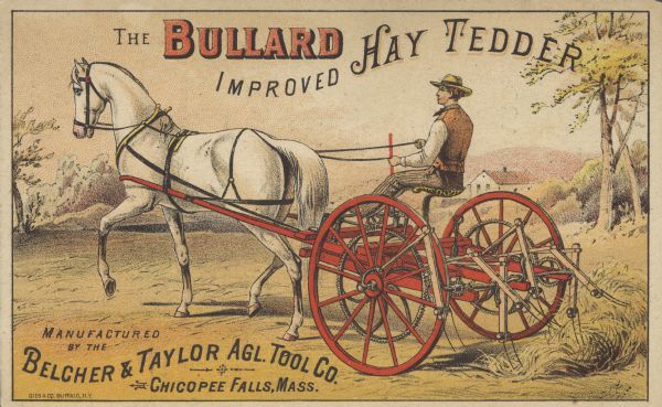 Front of card with a color illustration of a man on a Bullard Improved Hay Tedder pulled by a white horse. The back of the card describes the hay tedder.