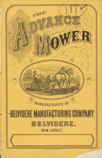 Catalog cover for "The Advance Mower" featuring a color illustration of a man sitting on the mower pulled by a team of two horses through a field, with the cutter raised to pass over a stump.