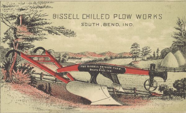 Features a color illustration of a Bissell Chilled plow in a field. The back of the card describes the plow.