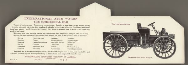 Foldout brochure, with a inside spread describing the International Auto Wagon — The Commercial Car. Includes an illustration of the auto wagon.