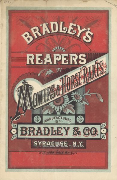 Catalog cover for Reaper's, Mowers & Horse Rakes. Features an arrangement of black and white text of various typefaces, over a red background. It is also embellished by various patterns including flowers, stalks of wheat, flourishes and dingbats.