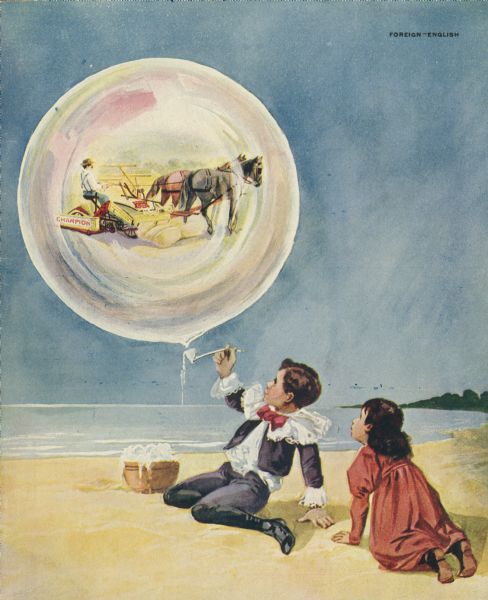 Catalog cover features an illustration of two children, a boy and a girl, sitting on a shoreline with a bowl of bubbles. The boy is holding up a dripping bubble pipe and a large bubble above the children's heads includes an illustration of a man riding a Champion binder drawn by two horses.
