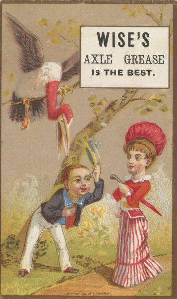 Advertising card featuring an illustration of a man doffing his hat to a woman who is standing on a path holding an umbrella. Above their heads is a large bird in a tree looking down at them. On the back is text advertising the axle grease, Clark & Wise, manufacturers.
