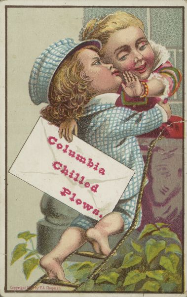 Chromolithograph card featuring an illustration of a man (or boy) perched barefoot on a rope ladder at the edge of a balcony. He is trying to kiss the woman (or girl) on the balcony, but she holds her hand out to rebuff him. In her other hand is a sign that reads: "Columbia Chilled Plows."