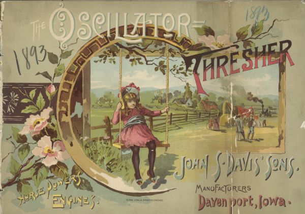 Catalog cover with text: "Oscillator = Thresher". Also includes color illustration of a young girl sitting on a tree swing. Behind her, men women and children are around a thresher in a field. In the far background are farm buildings.