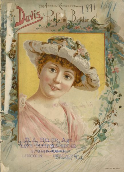 Catalog cover with an illustration of a framed portrait of a red headed woman wearing an off-white hat and pink dress, surrounded by foliage and flowers.