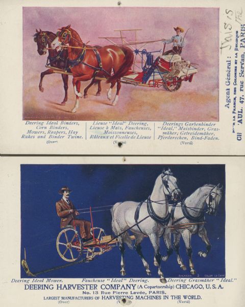 Both sides of a Deering advertising card in English and French. One side has an illustration of a man wearing a suit riding on an Ideal Mower drawn by a team of horses with a blue background. Includes the text: "Deering Harvester Company (A Copartnership) Chicago, U.S.A. No. 13 Rue Pierre Levée, Paris. Largest Manufacturers of Harvesting Machines in the World." The other side has an illustration of a man wearing a straw hat and striped shirt riding on an Ideal Binder drawn by a team of horses with a purple/orange background.