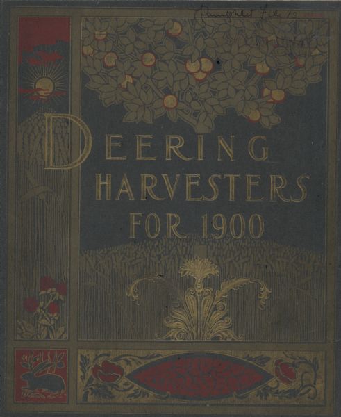 Catalog cover with the text: "Deering Harvesters for 1900." Features a stylized illustration in dark green, red, and gold ink of fruit trees, plants, flowers, a sun, and a rabbit framing a field of wheat.