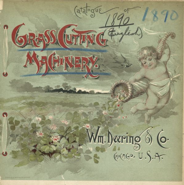 Grass cutting machinery catalog cover. Features an illustration of a flying putto holding onto a cornucopia spilling flowers into a field. Birds fly in the sky, and trees are in the far background.