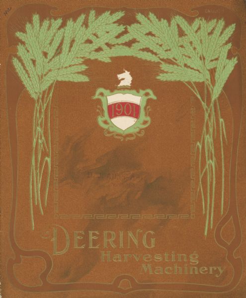 Catalog cover for Deering Harvester Machines with an orange cover, an embossed illustration of stalks of wheat in green, and a coat of arms with the date "1901."