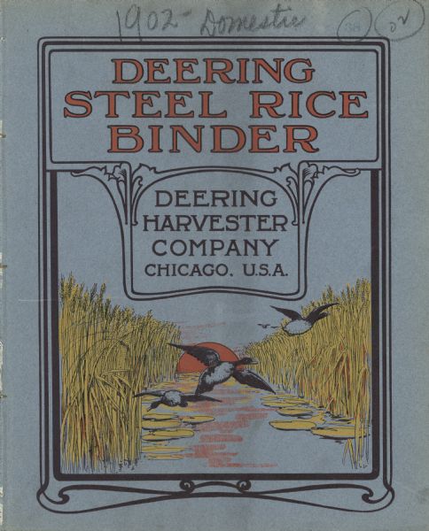 Catalog cover in light blue featuring an art nouveau frame in black around an illustration of ducks over marshy water with lilypads and rice plants. A red sun is on the horizon.
