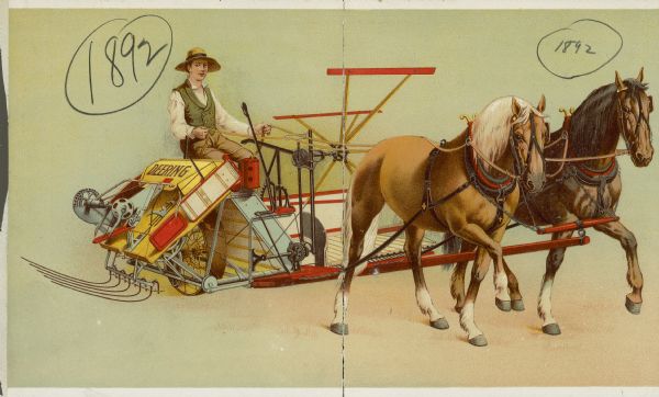 Color illustration of a man riding a Deering Junior Steel Binder drawn by a team of two horses.