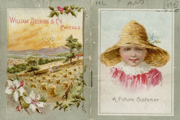 Front and back cover of a small booklet. The front cover has an illustration of a young girl wearing a straw hat, with the title: "A Future Customer." On the back is a scene of a farmer working in a field with a team of horses.