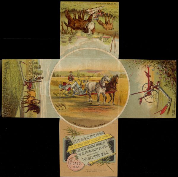 Interior of foldout card for Wm. Deering & Co. harvesting machinery. When opened, five panels, with images on both sides, depict various scenes, and include illustrations of the Deering All-Steel Binder, Deering Light Reaper, Deering Front Cut Giant Mower, and the New Deering Mower.