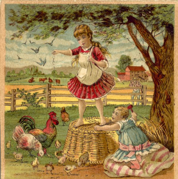 Front of foldout card for Wm. Deering & Co. harvesting machinery. This scene depicts a young girl standing on an upturned basket feeding chickens with feed from her apron. At her feet is an infant. In the background a man stands at a fence near a field watching the children.<p>When opened, five panels, with images on both sides, depict various scenes, and include illustrations of the Deering All-Steel Binder, Deering Light Reaper, the Deering Front Cut Giant Mower, and the New Deering Mower.