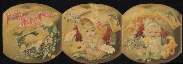 Three panel foldout brochure for Deering Binder Twines: Daisy Twine, Golden Rod Twine, Lily Twine and Butter Cup Twine. Features illustrations of a young girl holding a basket of flowers, and an infant wearing a bonnet and holding flowers.