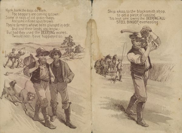 Front and back cover of 8 page booklet advertising Deering wares. Each page features an illustration and a verse, to describe the features of the All Steel Binder, Deering Mower, and Deering Reaper.