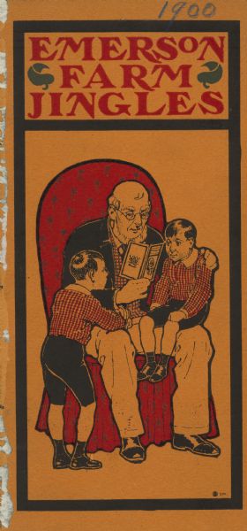 Front cover of a catalog for Emerson Farm Implements. Features an illustration on the front in red, black and orange, of an older man reading an Emerson catalog to two young boys.