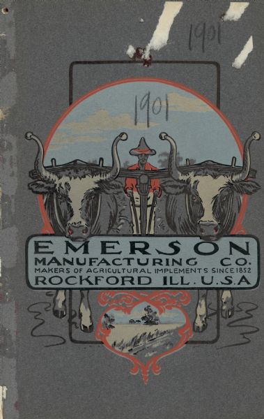 Forty-ninth annual catalog cover featuring an orange and blue illustration, over a gray background, of two yoked oxen. Directly behind the oxen a man wearing a pointed hat is holding onto the handles of an agricultural implement. A smaller inset below shows a field and farm buildings.