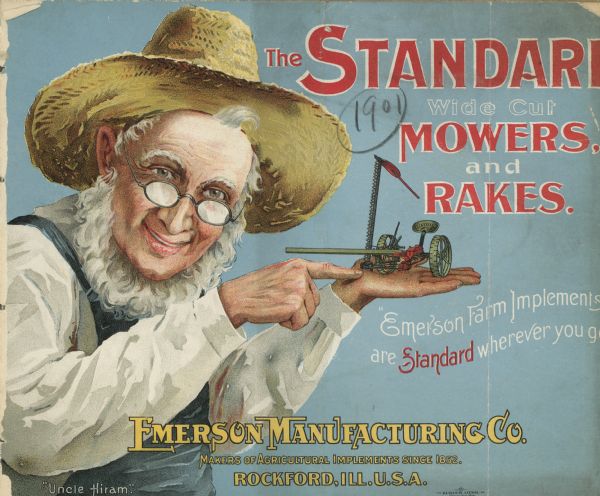 Catalog cover featuring an illustration of a man wearing a straw hat and eyeglasses, holding a miniature agricultural implement in his hand. Text reads: "The Standard Wide Cut Mowers, and Rakes. Emerson Farm Implements are Standard wherever you go."