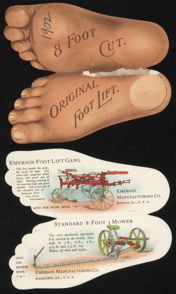 Die cut card in the shape of a foot, front and back shown. Front cover reads: "Original Foot Lift," and the back reads: "8 Foot Cut." The inside features illustrations of the Emerson Foot Lift Gang plow and Standard 8-Foot mower.