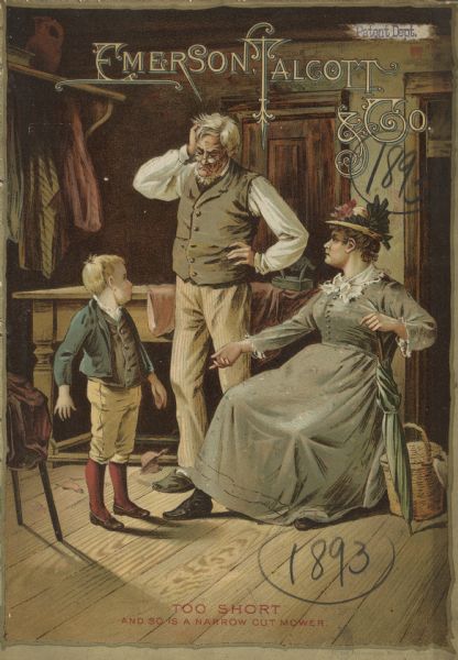 Catalog cover featuring an illustration of a young man and an older woman in a clothing shop. The woman is pointing at the young man, and the sales clerk stands between them in some confusion with text below reading: "Too Short, and so is a narrow cut mower."