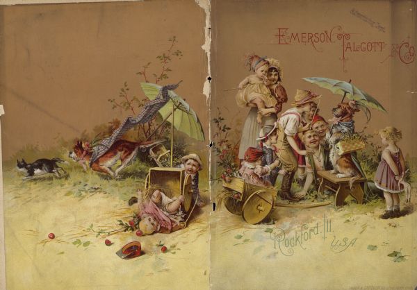 Front and back of the catalog cover. Illustration on front shows a group of children looking and laughing at dog that has been costumed in a hat, cape and scarf, and is holding a basket and an umbrella. The illustration on the back shows an infant overturned in a small wheeled cart, and the dog running off after a cat.