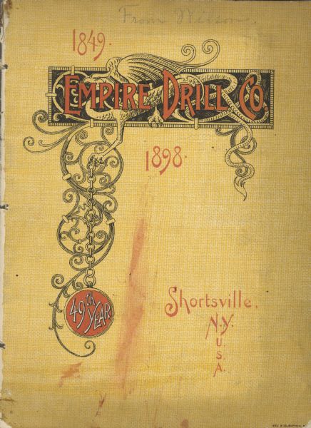Catalog cover with an illustration behind the company name of a stylized dragon dangling a chain with a disc that reads: "49th Year." The dates 1849 and 1898 are in red ink.