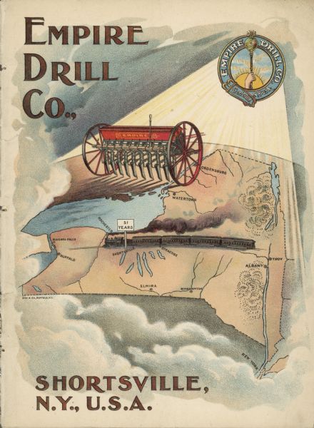 Catalog cover featuring an illustration of an Empire Drill on a map of the northeast United States. A railroad train is traveling east to west from Albany to Shortsville, New York, the company headquarters.
