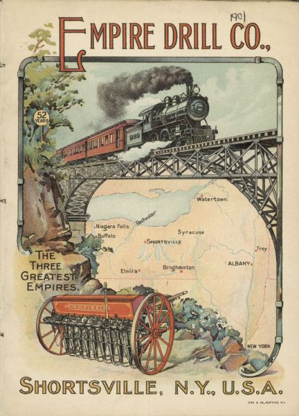 Catalog cover with the title: "The Three Greatest Empires," features an illustration of an Empire Drill in the foreground, and in the background a train traveling over a railroad bridge, and in the far background, a map of the northeast.
