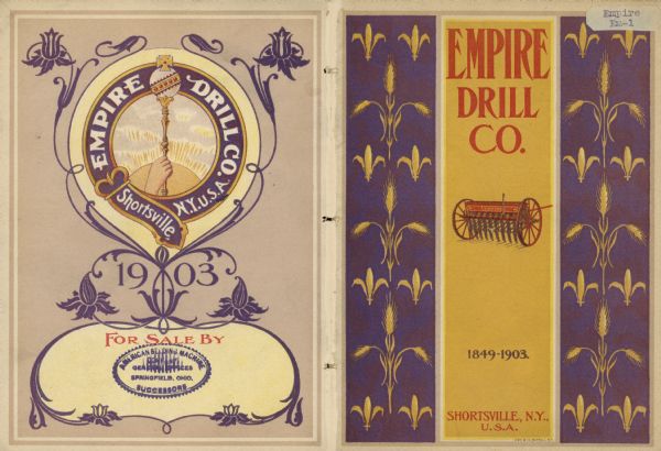 Front and back cover of catalog. Front features a yellow background behind the text: "Empire Drill Co., 1849-1903," and an illustration of an Empire Drill. On the left and right is a pattern of yellow stalks of wheat and another plant in a repeating pattern over a purple background. The back cover has an Art Nouveau floral pattern with the circular company logo of a hand holding a scepter.