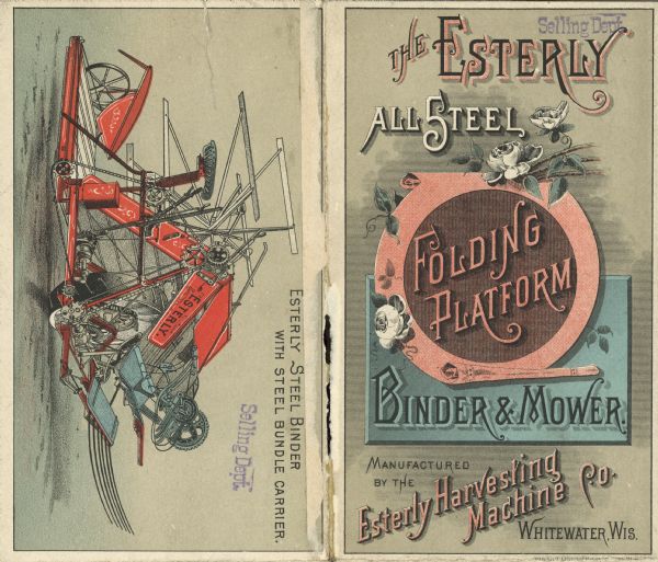 Front and back of 8-page foldout color brochure. Front cover advertises the "All Steel Folding Platform Binder & Mower." Back cover features a horizontal illustration of the Esterly Steel Binder with Steel Bundle Carrier.
