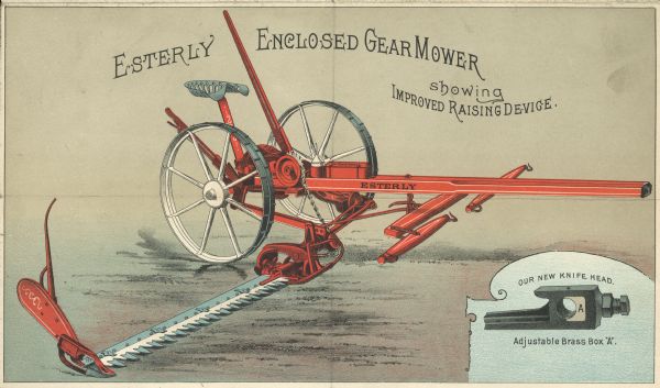 Inside half-page spread of foldout brochure. Features an illustration of the Esterly Enclosed Gear Mower showing Raising Device. Includes an inset on bottom right with the caption: "Our new knife head. Adjustable Brass Box 'A'."