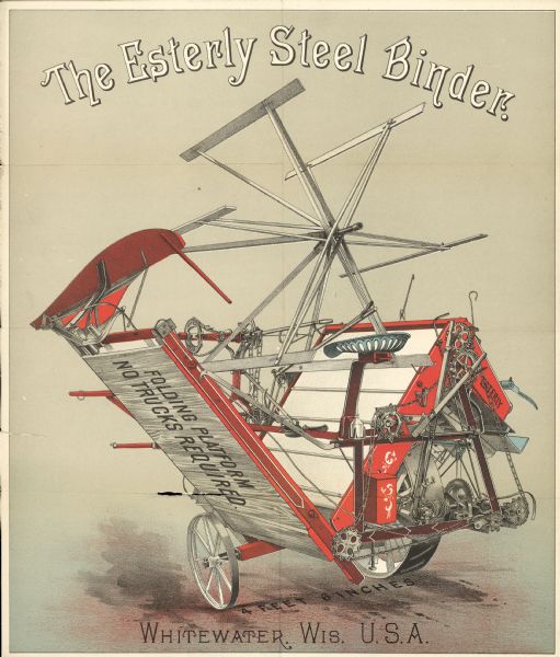 Full-size inside spread of foldout brochure. Features an illustration of the Esterly Steel Binder. Includes the phrase: "Folding platform / no trucks required."