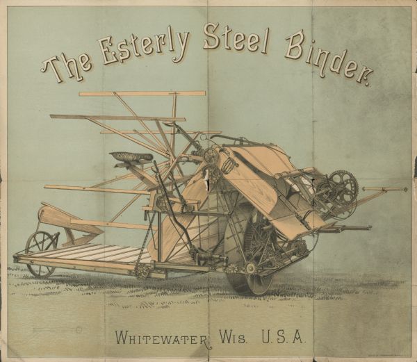 Full-size inside spread of foldout brochure. Features an illustration of the Esterly Steel Binder, Whitewater, Wisconsin.