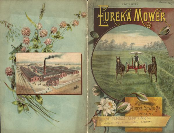 Front and back of catalog for the Eureka Mower. Features on the front a color illustration of a man riding the mower drawn by two horses. An umbrella bearing the word "Eureka" is behind the farmer's seat to give him shade. The back illustration is of the Eureka Mower Co. factory, over a background color illustration of a grasshopper on clover flowers.