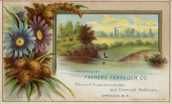 Card features an illustration of a figure standing near a shoreline with fall colors on the trees and plants. On the left is a colorful display of fall flowers, and printed below is "Autumn 105." The card reads: "Presented by Farmers' Fertilizer Co. Standard Superphosphates and Chemical Fertilizers."