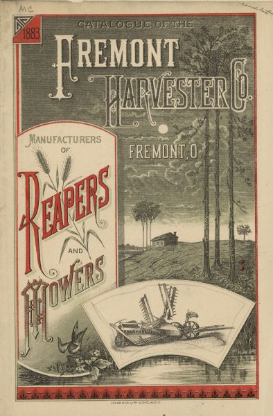 Catalog cover for reapers and mowers. Features an illustration of a reaper at the bottom, and in the background a landscape scene with trees and a farm building.